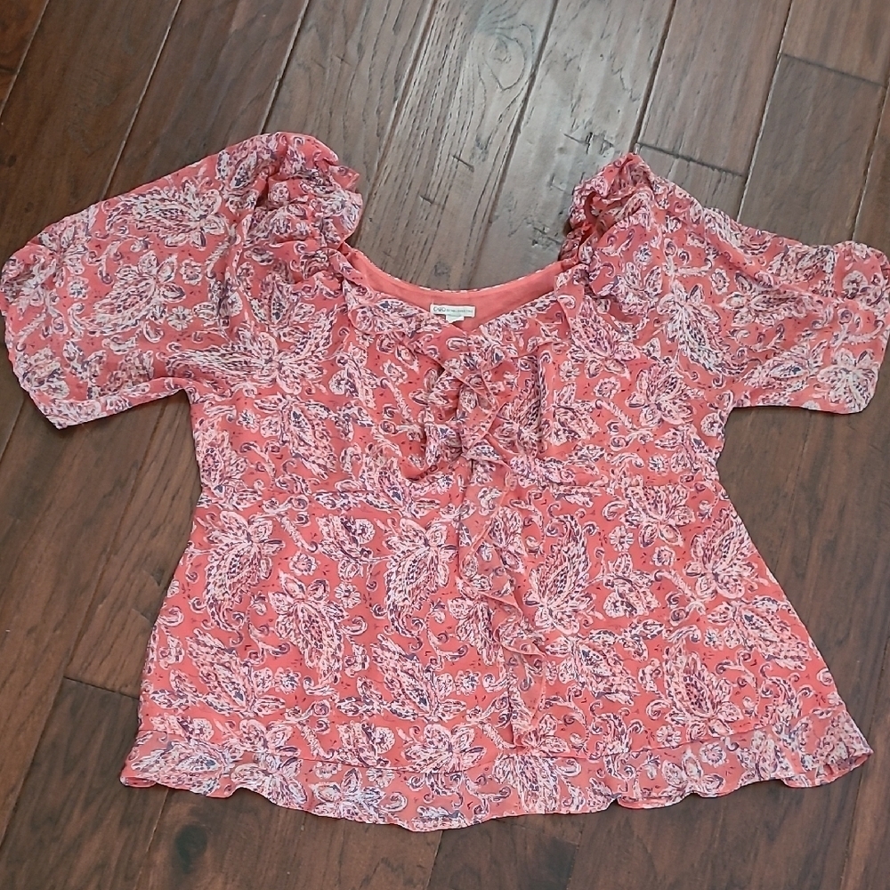 Cato Coral Paisley Blouse with Sheer Sleeves & Ruffled Neckline size 18/20W